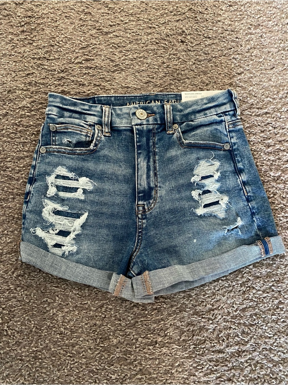 American Eagle Outfitters Rolled Hem Distressed Denim Shorts - Blue